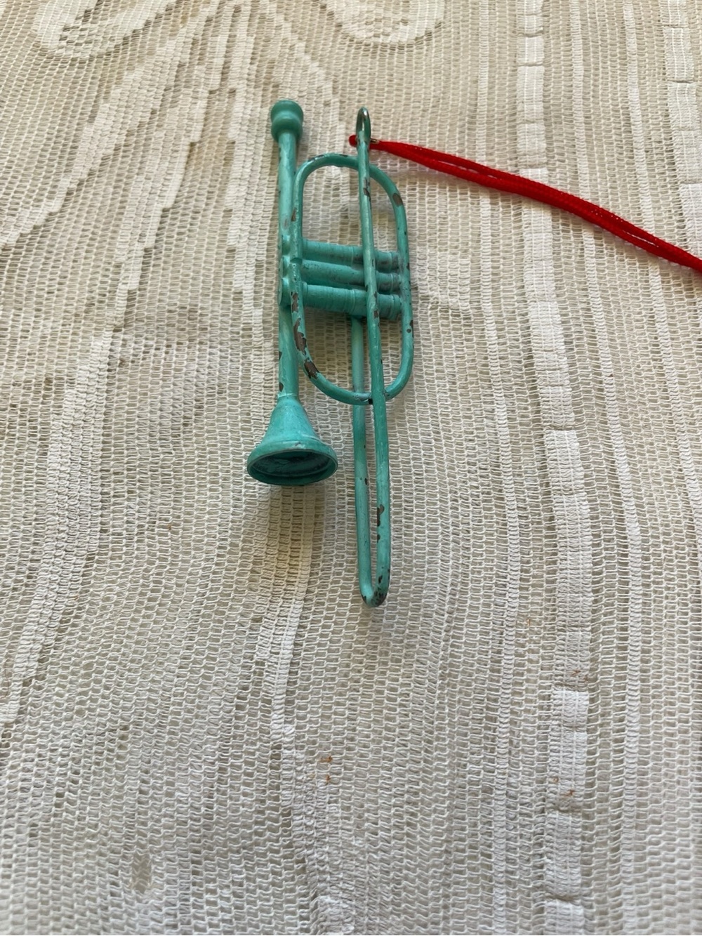Vintage Distressed Turquoise Metal Trumpet Christmas Ornament